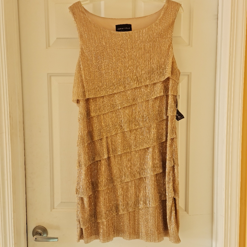 Gold metallic layered tiered dress,size 16, NWT, fully lined
